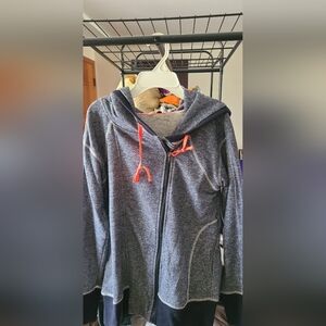 NEW Womens Heather Blue Zip-Up Hooded Jacket w/NeonCoral Drawstrings & Thumbhole